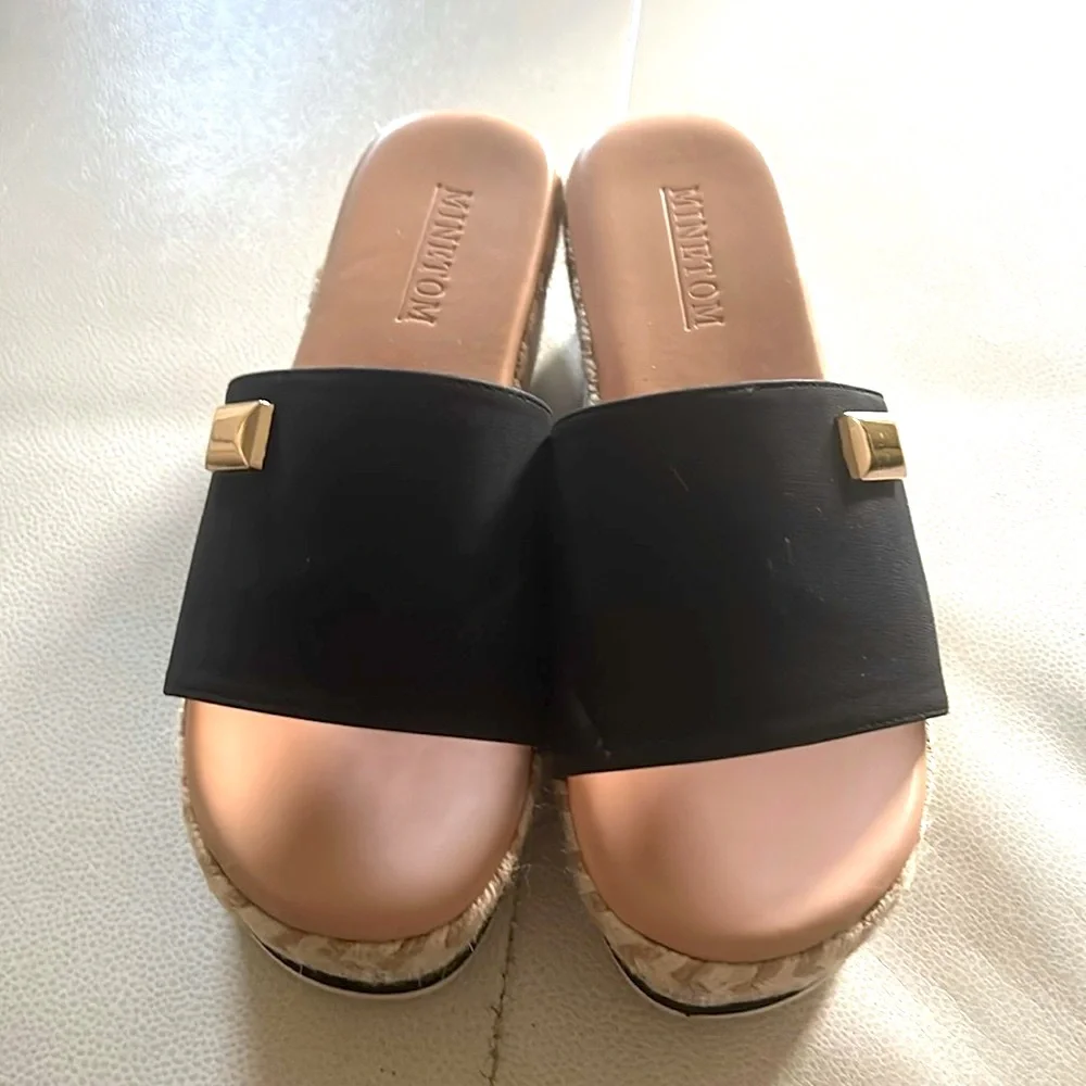 Platform Roman Open Toe Wedge Slides Sandals 7/8 Black Espadrilles Mules Casual